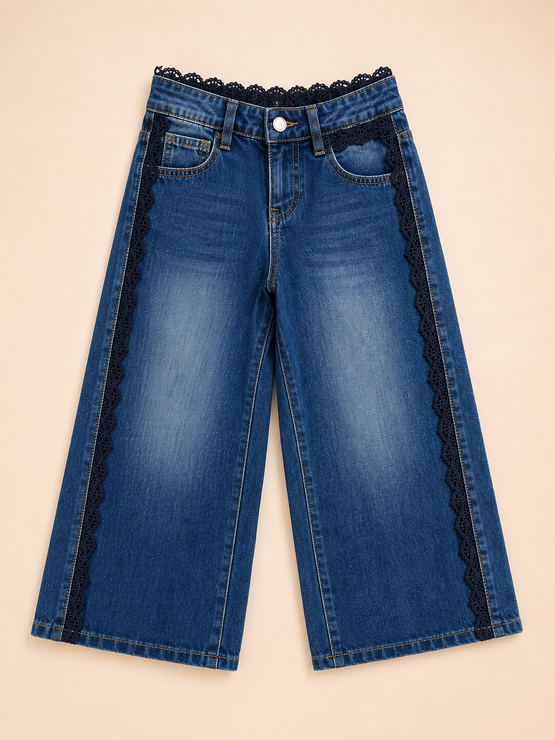Wide leg jeans met dubbele knoop en kanten detail - Blauw